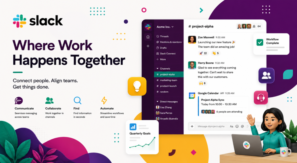 Minh họa Slack kết nối các phòng ban Sales, Marketing, Customer Service và IT trong một không gian làm việc số thống nhất.