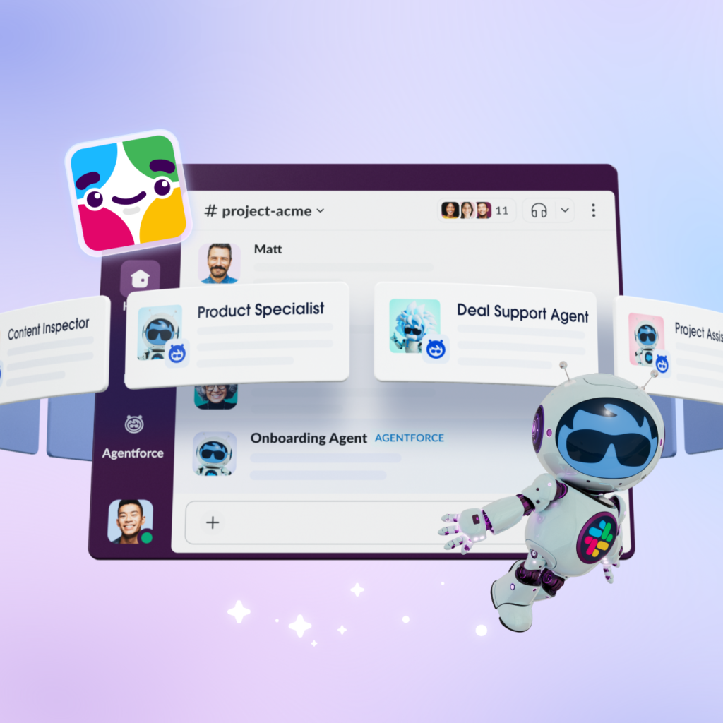 Illustration of Salesforce AI at the center of a connected ecosystem linking CRM data, Slack conversations, Sales teams, Marketing teams, and Customer Service operations.